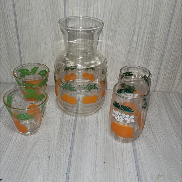 Vntg 1960s Orange Juice Carafe Juice Glasses And Shot Glasses Lot Of 5 Barware - Picture 2 of 7